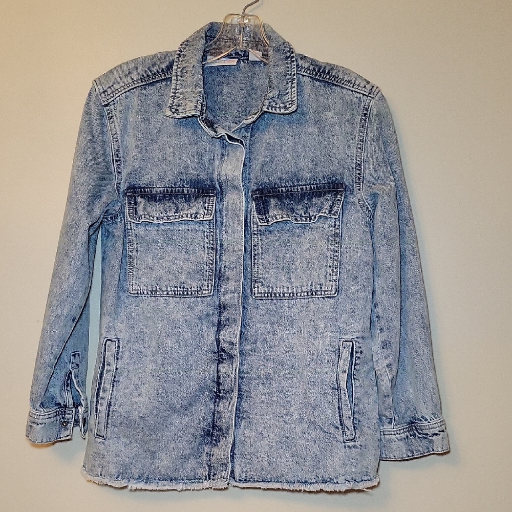 Planet‎ Colorful Womens Acid Wash Denim Shacket Light Blue Raw Hem Snap Front